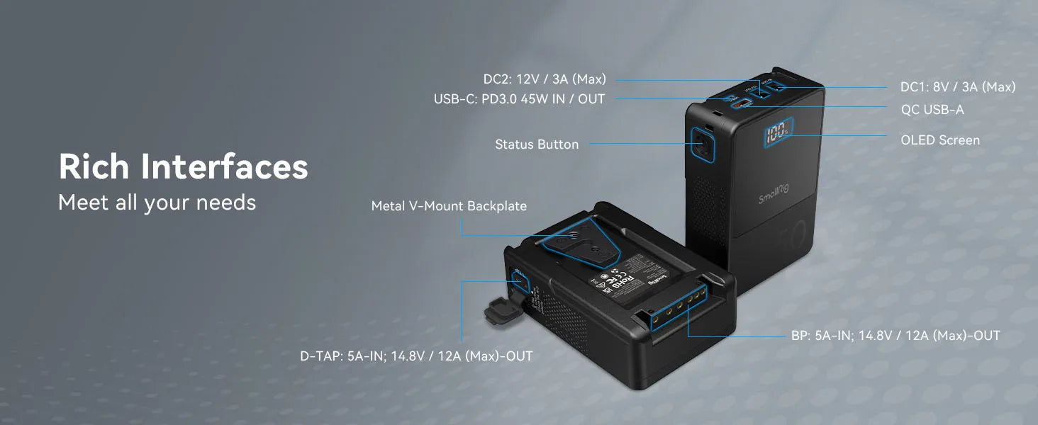 SMALLRIG V Mount Battery VB50 50Wh 3400mAh V Lock Battery with 45W Output USB-C D-TAP USB-A Dual DC Ports for Camera Camcorder