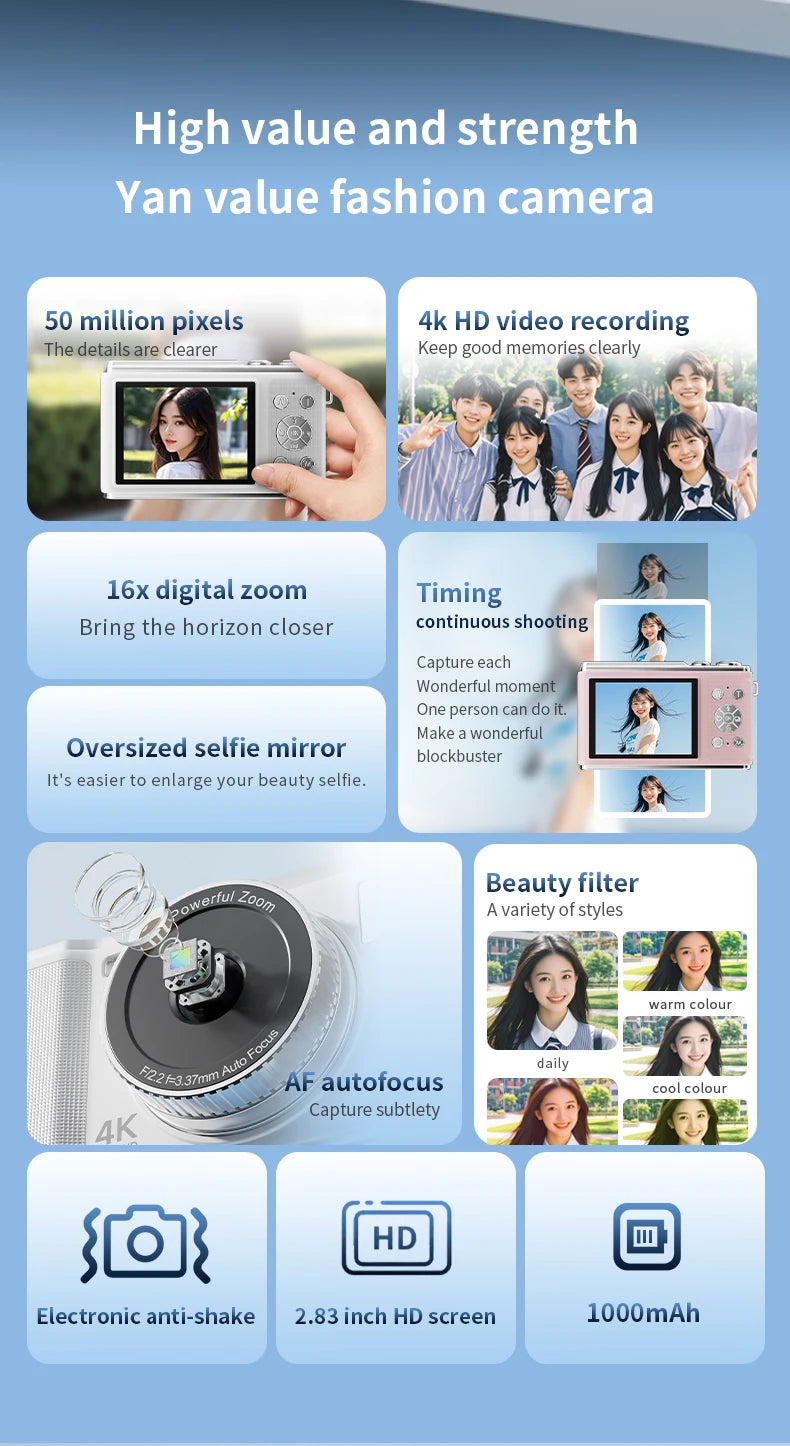 HD 1080P 2.8inch digital Camera Rechargeable Cameras with 16x Zoom Compact Camera 50 Megapixels Cameras for kids Beginner Camera