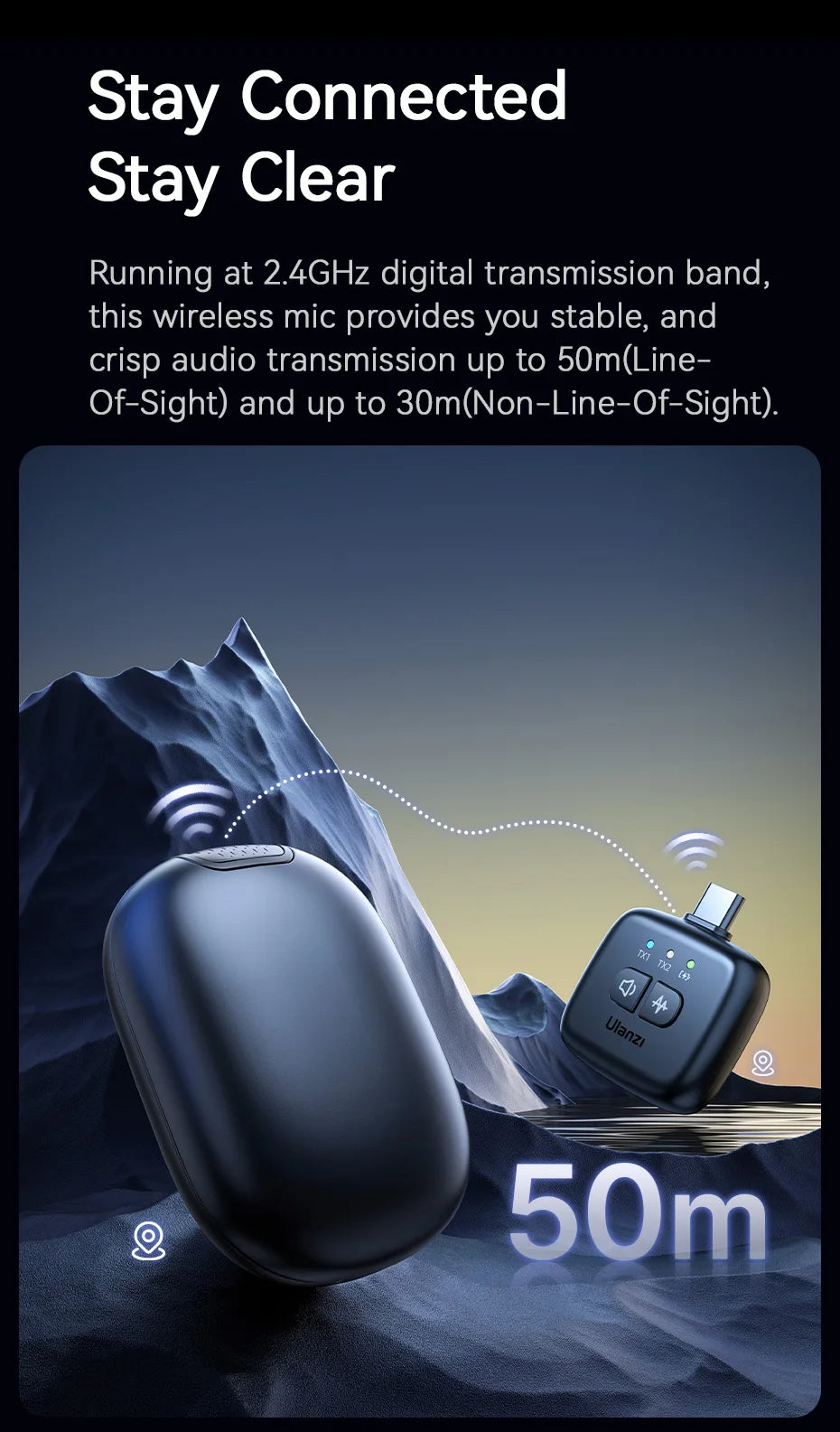 Ulanzi A30 Tiny Mic Wireless Lavalier Microphone 50M Audio Video Voice Recording Mic for iPhone 16 15 Android Phone DSLR Cameras