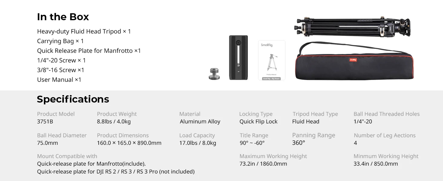 SmallRig AD-01 Heavy-Duty 360° Fluid Head Tripod 186cm Video Tripod with Quick Release Plate QR System for DSLR Camera Camcorder