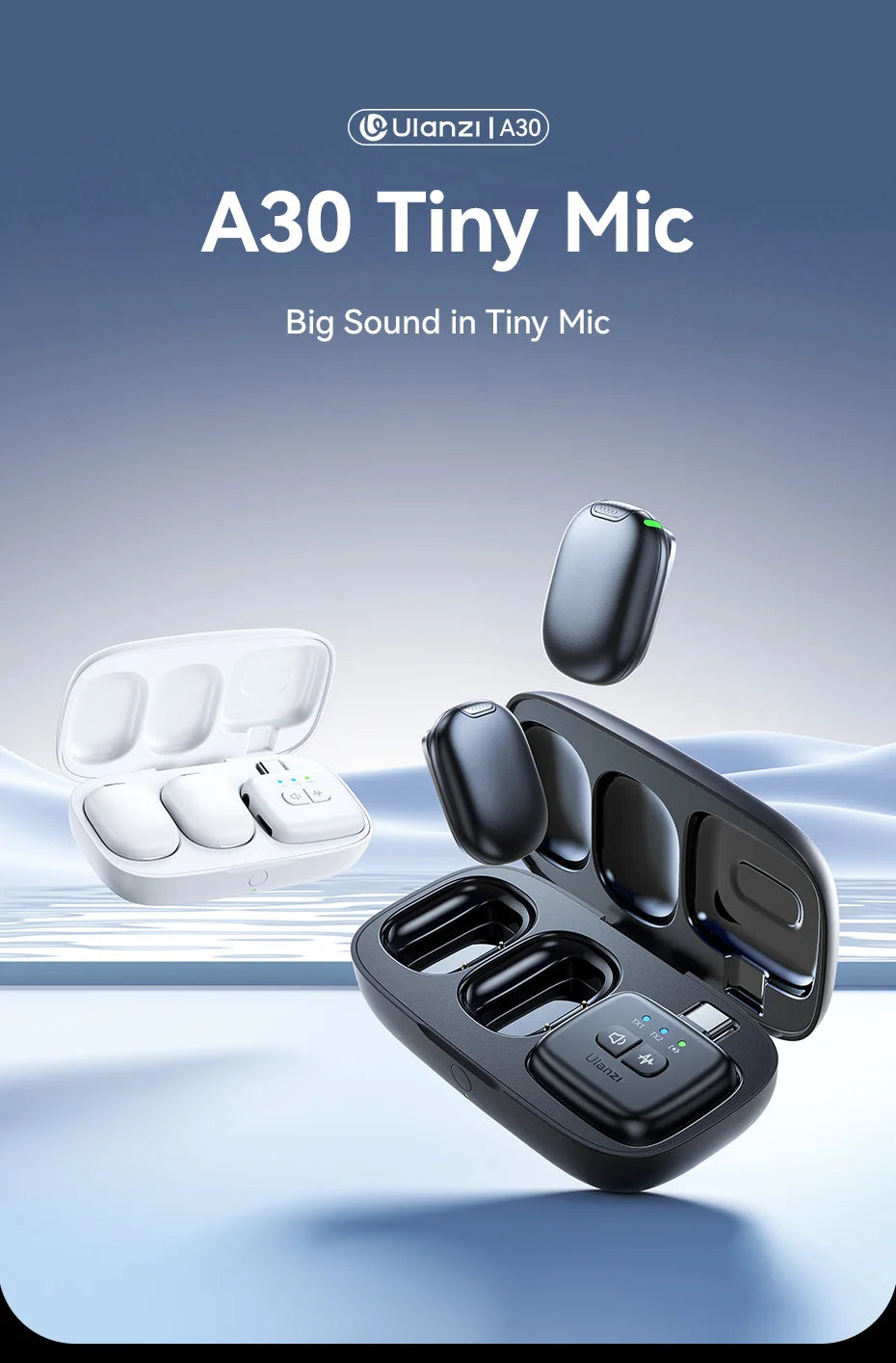 Ulanzi A30 Tiny Mic Wireless Lavalier Microphone 50M Audio Video Voice Recording Mic for iPhone 16 15 Android Phone DSLR Cameras