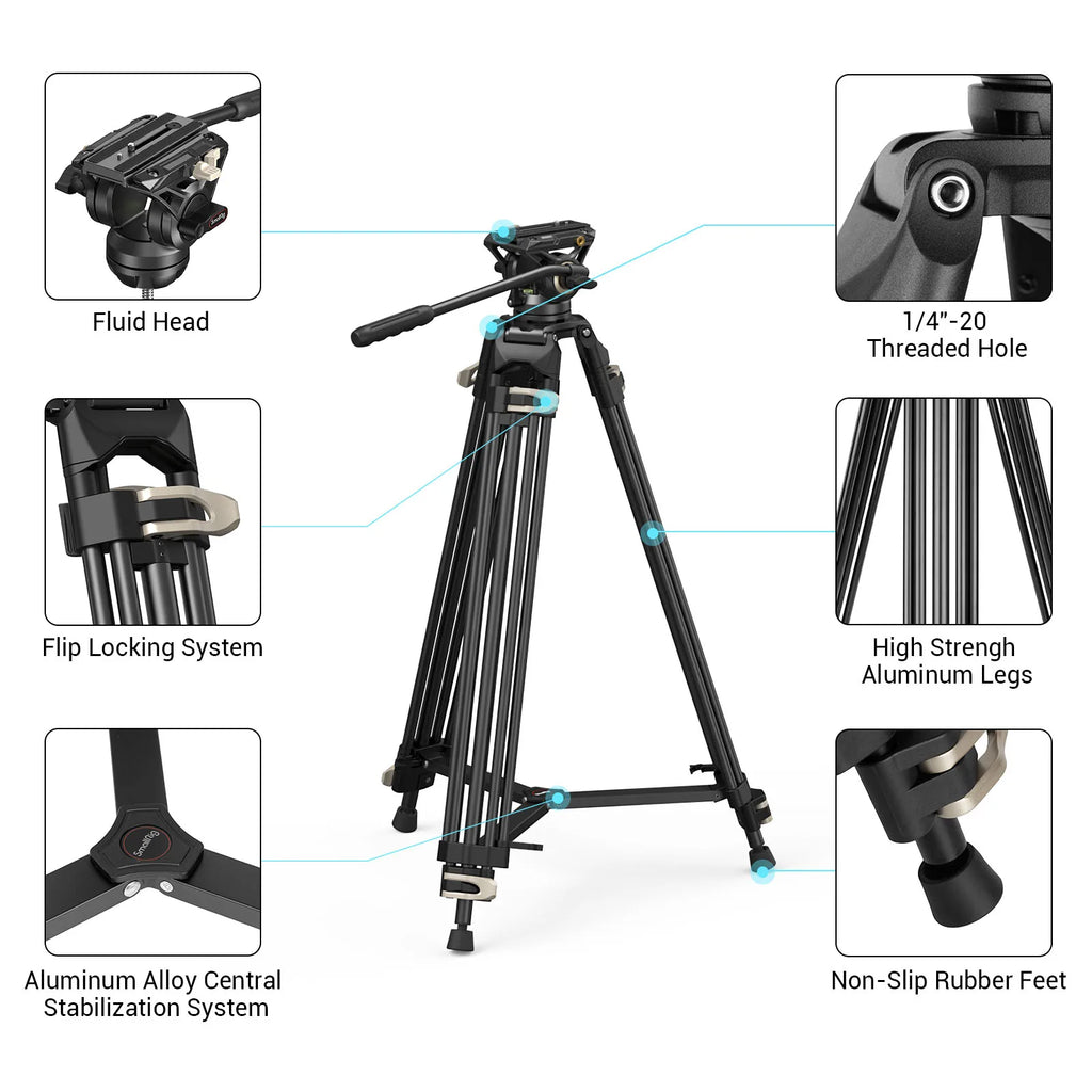 SmallRig AD-01 Heavy-Duty 360° Fluid Head Tripod 186cm Video Tripod with Quick Release Plate QR System for DSLR Camera Camcorder
