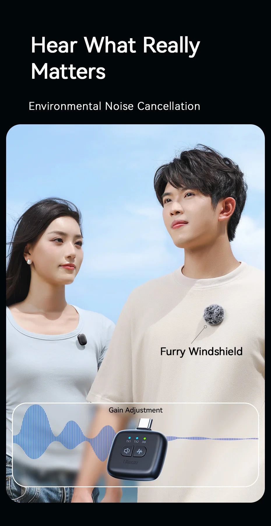 Ulanzi A30 Tiny Mic Wireless Lavalier Microphone 50M Audio Video Voice Recording Mic for iPhone 16 15 Android Phone DSLR Cameras