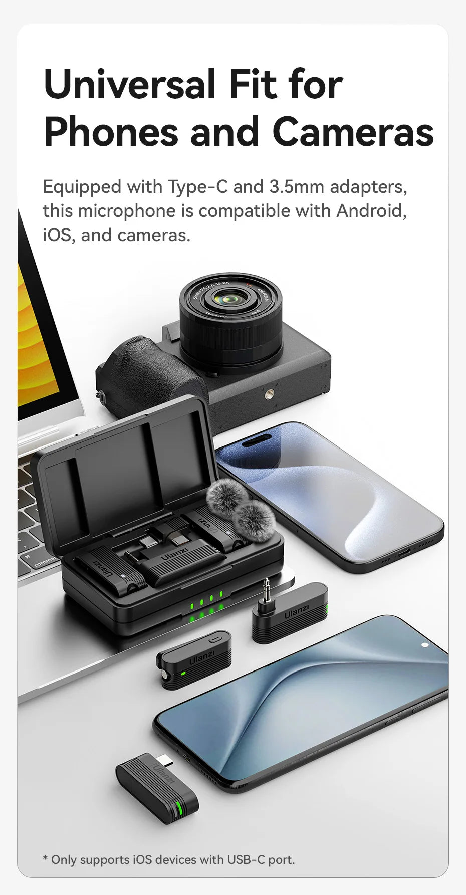 Ulanzi A100 Wireless Lavalier Microphone for Smartphones Cameras 20M Transmission for Street Interviews Vlogging Music Recording