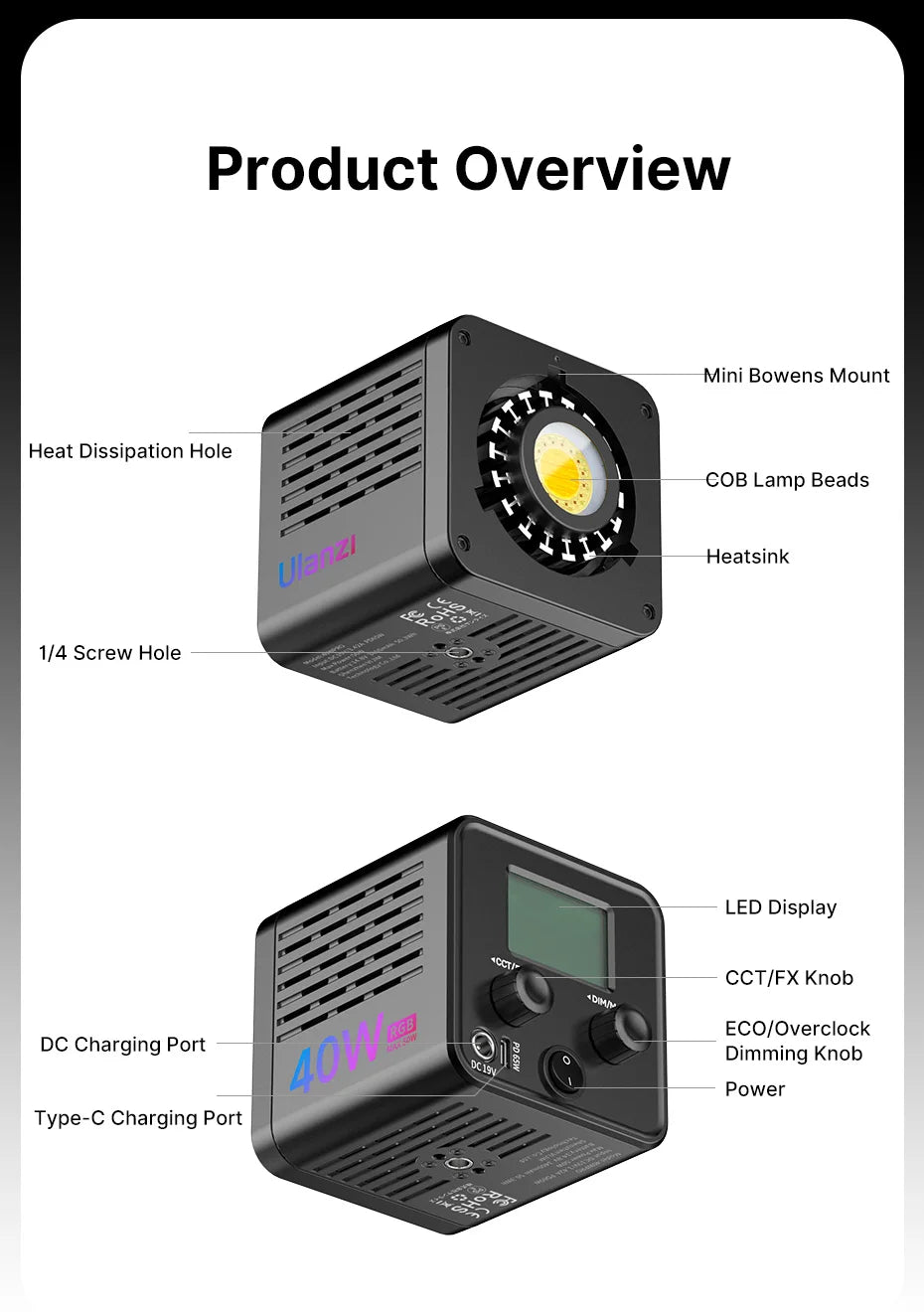 Ulanzi L024 40W RGB Video Light 2500-6500K Bi-color 0-359° RGB COB Light Mini Bowens Mount Fill Light 3400mAh COB Light