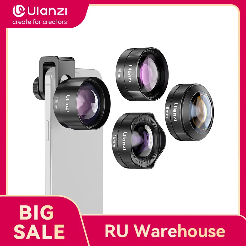 Ulanzi Mobile Lens 75mm Macro / 8mm Fisheye / 16mm Wide-Angle / 60mm Telephoto Lens Smartphone Shooting Photography Accessories