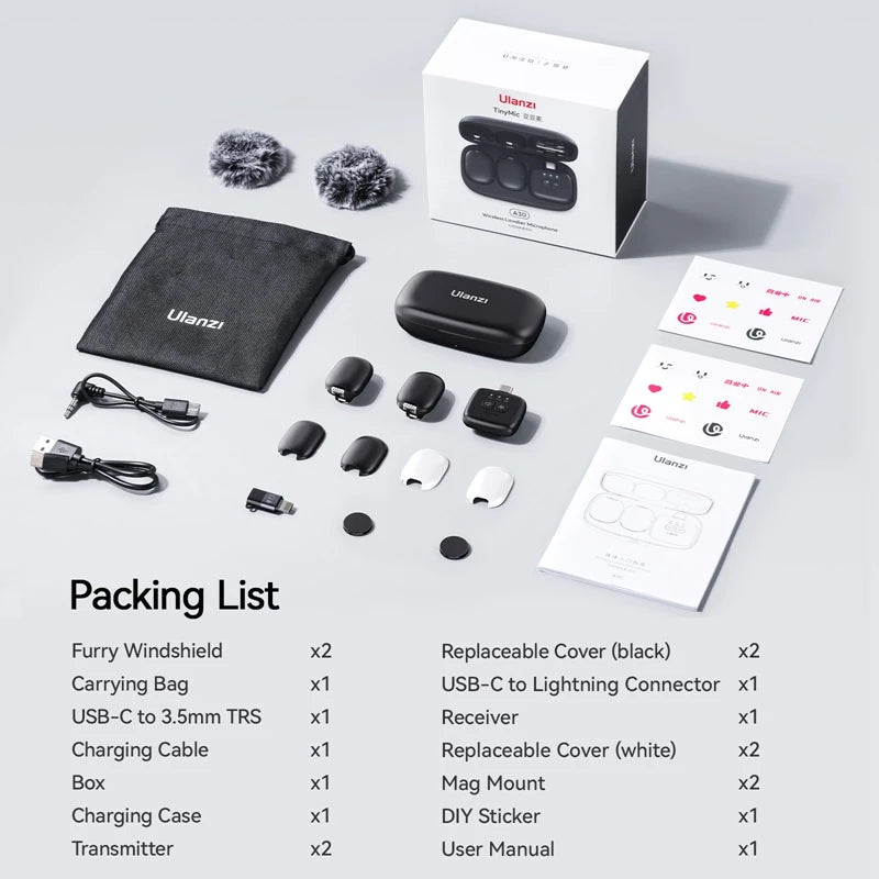 Ulanzi A30 Tiny Mic Wireless Lavalier Microphone 50M Audio Video Voice Recording Mic for iPhone 16 15 Android Phone DSLR Cameras