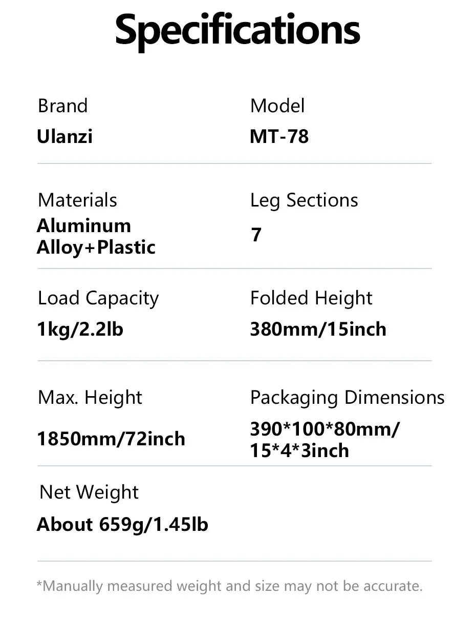 Ulanzi MT-78 Quick-Release Tripod for Camera Smartphone Fill Light Max1.85m Tripod Selfie with Remote Control