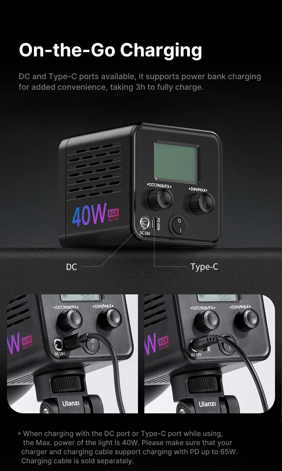 Ulanzi L024 40W RGB Video Light 2500-6500K Bi-color 0-359° RGB COB Light Mini Bowens Mount Fill Light 3400mAh COB Light