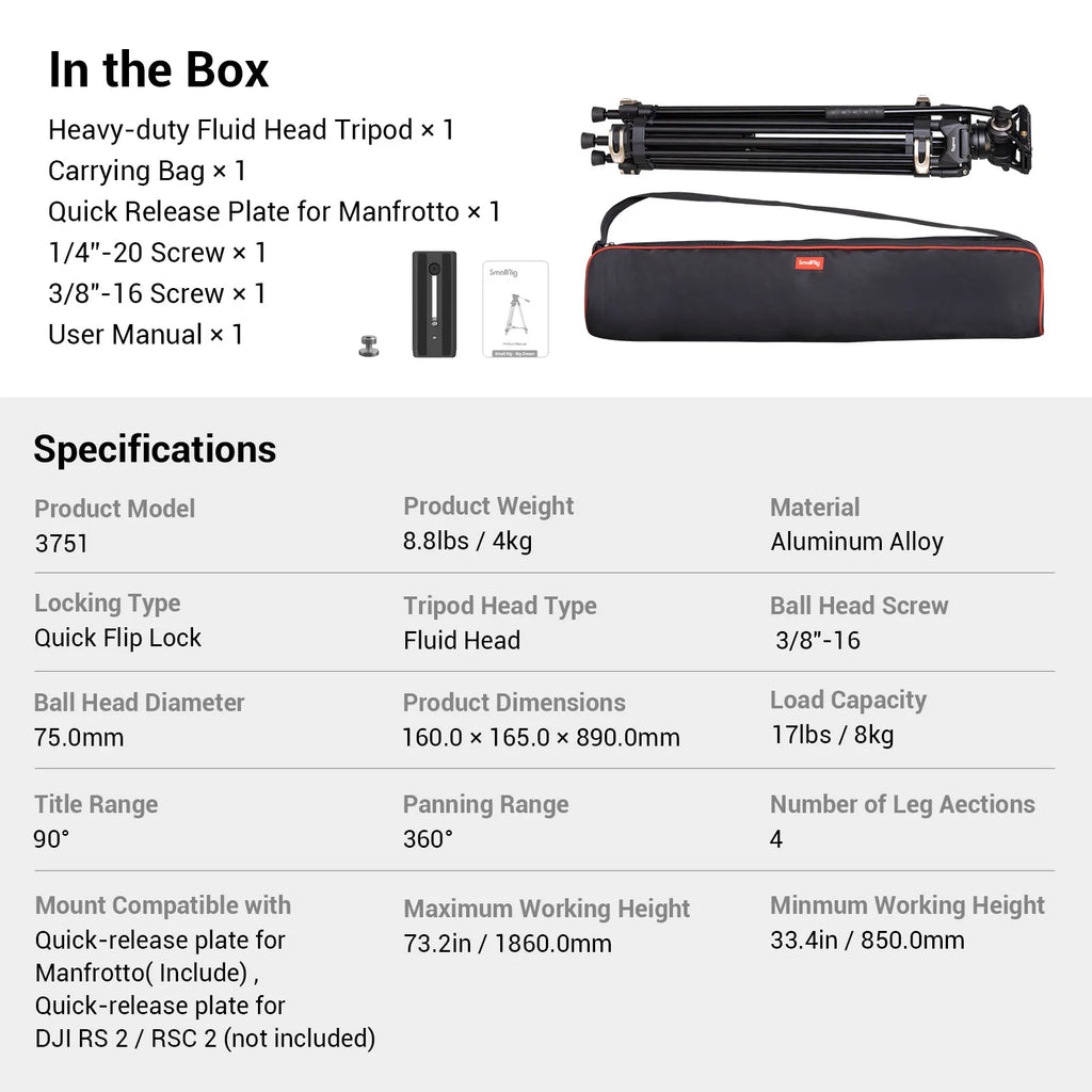 SmallRig AD-01 Heavy-Duty 360° Fluid Head Tripod 186cm Video Tripod with Quick Release Plate QR System for DSLR Camera Camcorder