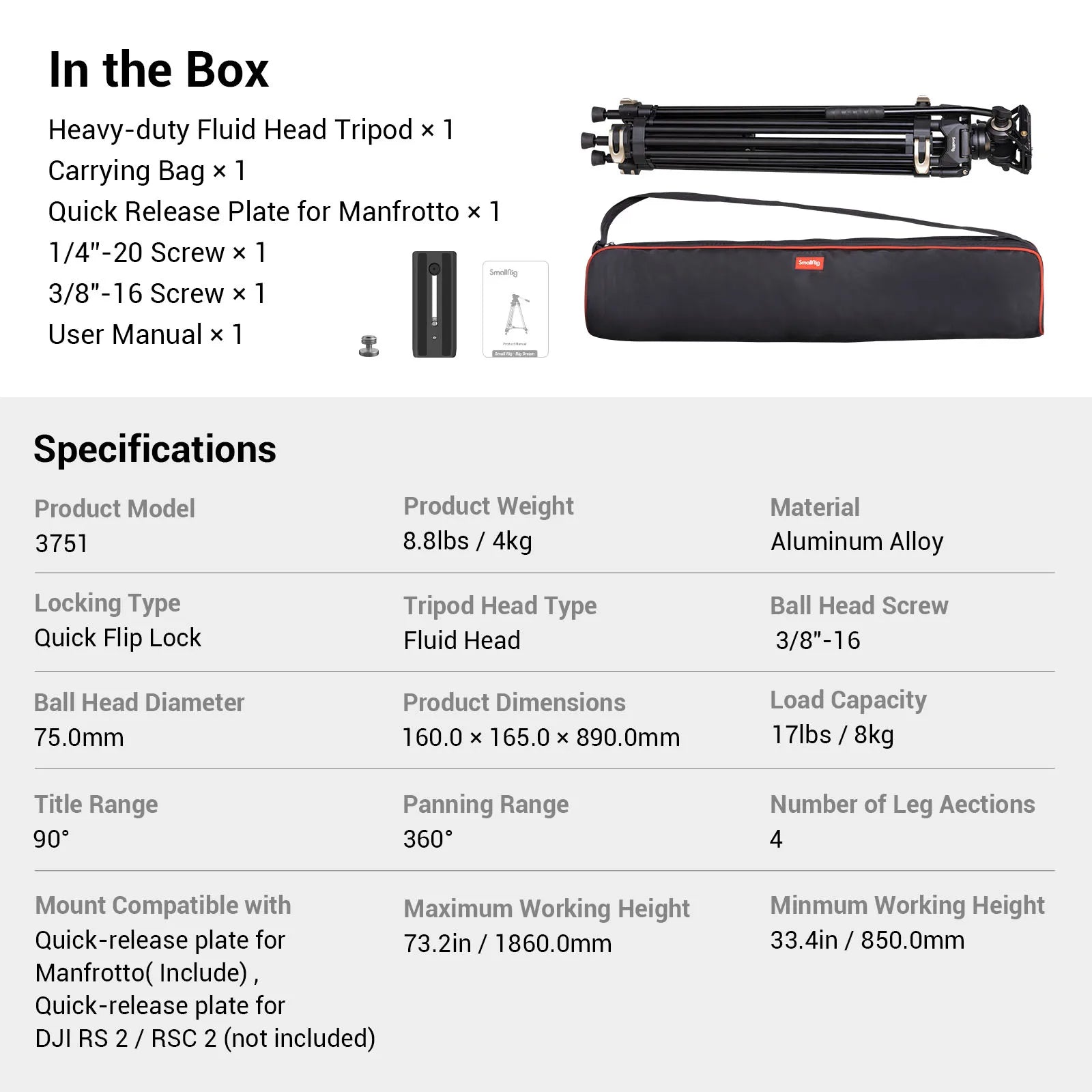 SmallRig AD-01 Heavy-Duty 360° Fluid Head Tripod 186cm Video Tripod with Quick Release Plate QR System for DSLR Camera Camcorder