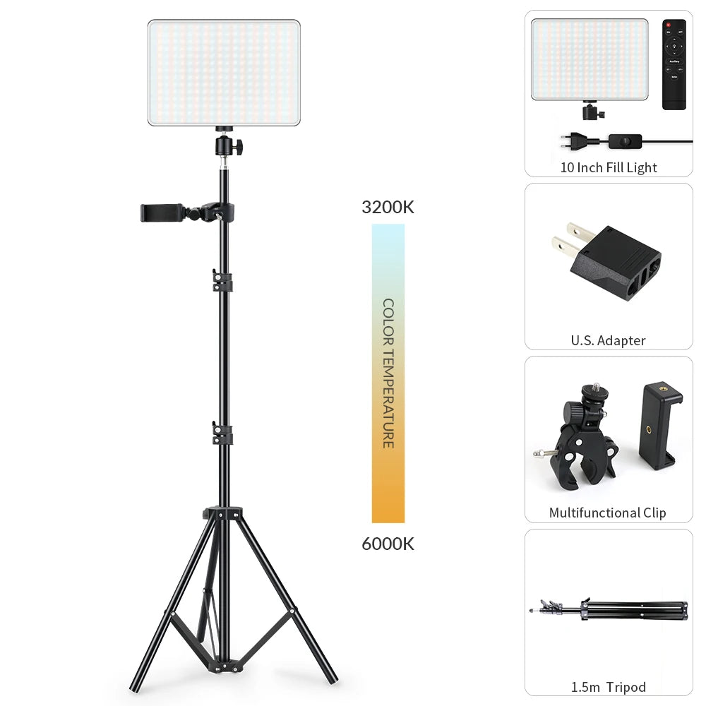 LED Video Light With Professional Tripod Stand Remote Control Dimmable Panel Lighting Photo Studio Live Photography Fill-in Lamp