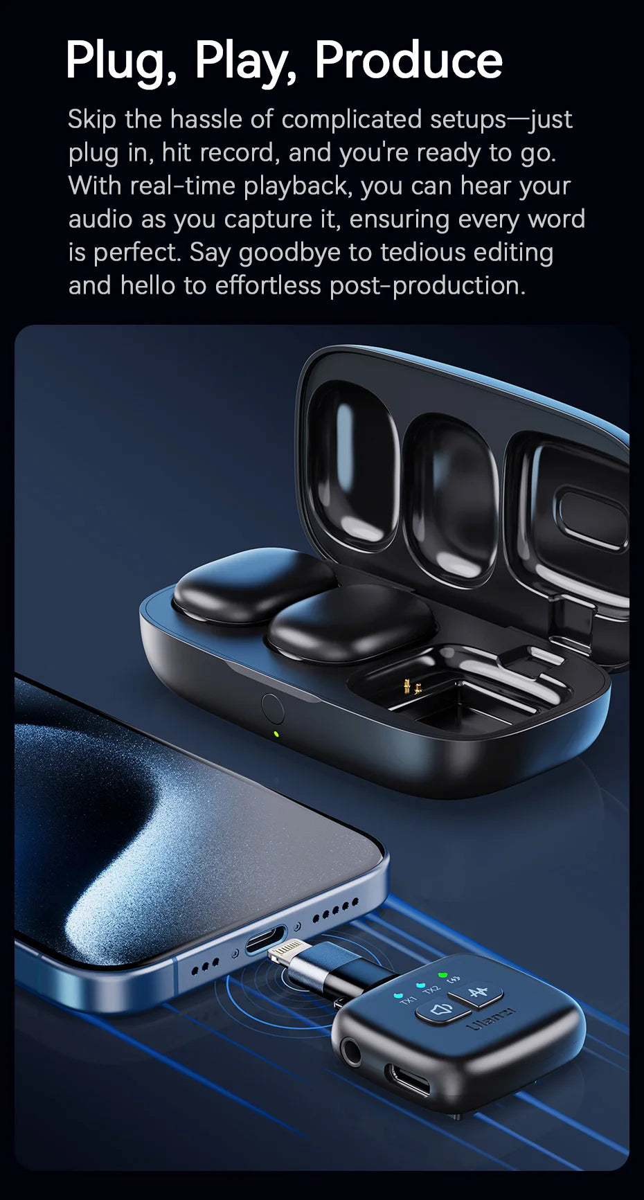 Ulanzi A30 Tiny Mic Wireless Lavalier Microphone 50M Audio Video Voice Recording Mic for iPhone 16 15 Android Phone DSLR Cameras