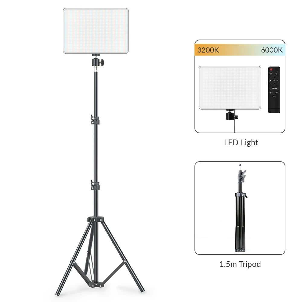 LED Video Light With Professional Tripod Stand Remote Control Dimmable Panel Lighting Photo Studio Live Photography Fill-in Lamp