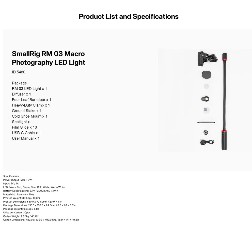 SmallRig RM-03 Macro Light 3W Photography LED Fill Light Flexible Arm Adjustable Lighting Angle for Jewelry Insects Flower