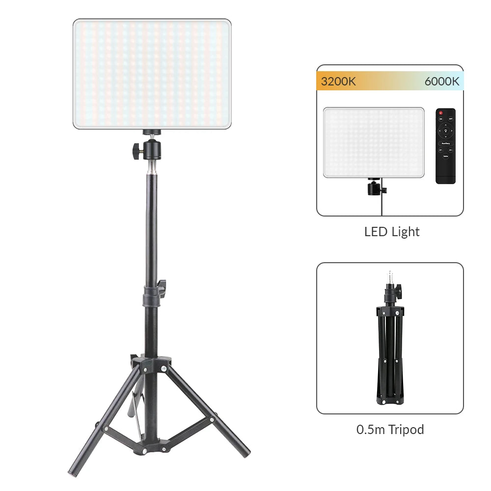 LED Video Light With Professional Tripod Stand Remote Control Dimmable Panel Lighting Photo Studio Live Photography Fill-in Lamp