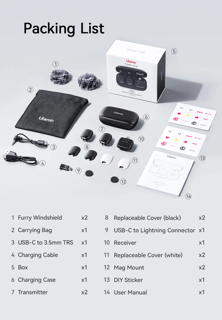 Ulanzi A30 Tiny Mic Wireless Lavalier Microphone 50M Audio Video Voice Recording Mic for iPhone 16 15 Android Phone DSLR Cameras