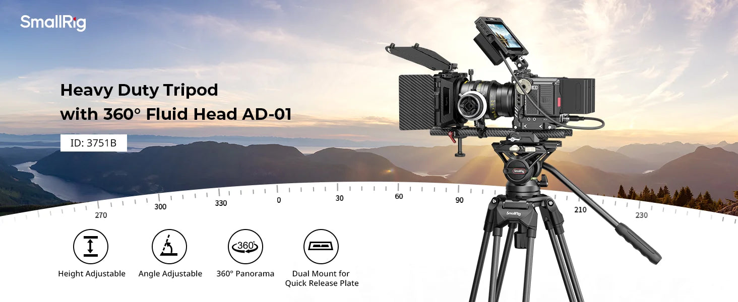 SmallRig AD-01 Heavy-Duty 360° Fluid Head Tripod 186cm Video Tripod with Quick Release Plate QR System for DSLR Camera Camcorder